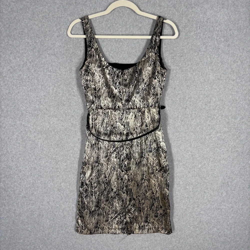 Y2K Vintage XXI Satin Mini Dress Small Black Tan Feather Print Belted Glam Party